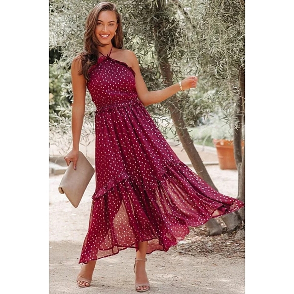 LAST ONE! Gold Polka Dot Halter Maxi Dress With With Ruffles - Picture 2 of 7